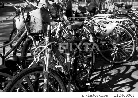 Monochrome photo, bicycle parking lot, Tokyo, residential area Monochrome photo, bicycle parking lot, Tokyo, residential area 122469005
