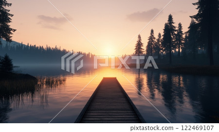 A wooden bridge spans a body of water with a sunset in the background 122469107