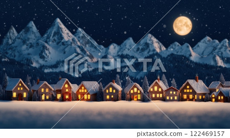 A small town with houses and a large moon in the sky A small town with houses and a large moon in the sky 122469157