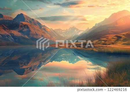 Sunrise Rays Over Tranquil Mountain Lake - Stock Illustration ...