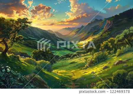 Sunset Over Flowering Hills and Distant Mountains Sunset Over Flowering Hills and Distant Mountains 122469378