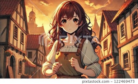 Illustration of a medieval European townscape and a girl 122469473