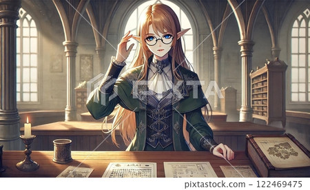An intelligent elven woman reading a book in a fantasy library 122469475
