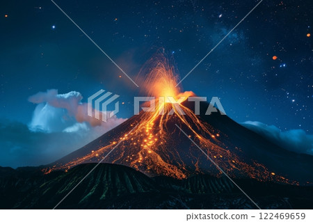Volcano Erupting Under Starry Night Sky 122469659