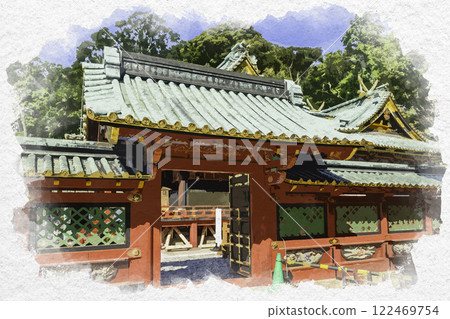 水彩風格 靜岡 久能山東照宮 靜岡縣靜岡市 玉垣 122469754