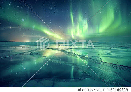 Northern Lights Over Frozen Lake with Mountains Northern Lights Over Frozen Lake with Mountains 122469759