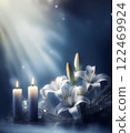 Lily flowers, candles and light 122469924