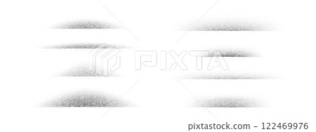 Dotted fading shadow set. Stippled shade effect collection. Textured vanishing halftone gradient stripes. Black sprayed grainy strips pack. Noise edge bundle for separate and divide. Vector 122469976