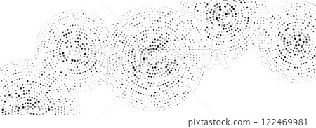 Black concentric dotted circles pattern. Rippled sound wave rings background. Radial halftone abstract wallpaper. Tech circular particles texture for banner, poster, presentation. Vector backdrop Black concentric dotted circles pattern. Rippled sound wave rings background. Radial halftone abstract wallpaper. Tech circular particles texture for banner, poster, presentation. Vector backdrop 122469981
