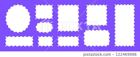 White postage stamps set. Post stamp frames and borders. Rectangle, square, ellipse template for mail, postcard, letter, note. Jagged wavy edge forms. Vector zig zag objects for badge, sticker, photo White postage stamps set. Post stamp frames and borders. Rectangle, square, ellipse template for mail, postcard, letter, note. Jagged wavy edge forms. Vector zig zag objects for badge, sticker, photo 122469986