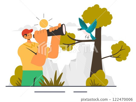 Bird Watching Vector Illustration featuring People Observing Bird in Nature with a Zoologist or Naturalist in a Park or Forest Setting in a Background Bird Watching Vector Illustration featuring People Observing Bird in Nature with a Zoologist or Naturalist in a Park or Forest Setting in a Background 122470006