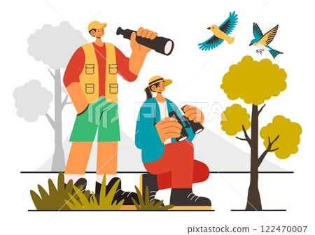 Bird Watching Vector Illustration featuring People Observing Bird in Nature with a Zoologist or Naturalist in a Park or Forest Setting in a Background Bird Watching Vector Illustration featuring People Observing Bird in Nature with a Zoologist or Naturalist in a Park or Forest Setting in a Background 122470007