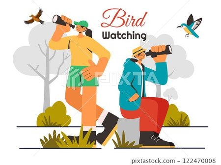 Bird Watching Vector Illustration featuring People Observing Bird in Nature with a Zoologist or Naturalist in a Park or Forest Setting in a Background Bird Watching Vector Illustration featuring People Observing Bird in Nature with a Zoologist or Naturalist in a Park or Forest Setting in a Background 122470008