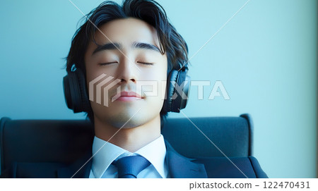 A man in a suit with a relaxed expression listening to music with headphones 122470431