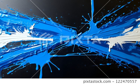 Abstract painting of vibrant blue and white paint splashes and drips on a black background 122470557