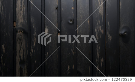 High angle close-up of a warped black wooden surface 122470559