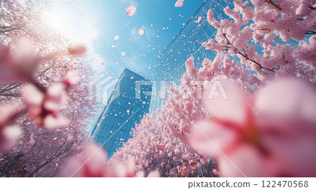 摩天大樓、櫻花和藍天 122470568