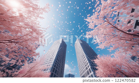 摩天大樓、櫻花和藍天 摩天大樓、櫻花和藍天 122470582