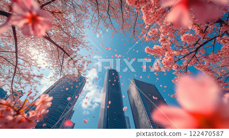 Skyscrapers, cherry blossoms and blue sky 122470587