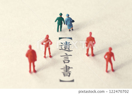 A photo showing inheritance troubles using miniature dolls, a house, and text 122470702