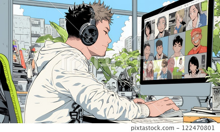 一名男子在家參加線上會議/課程 122470801