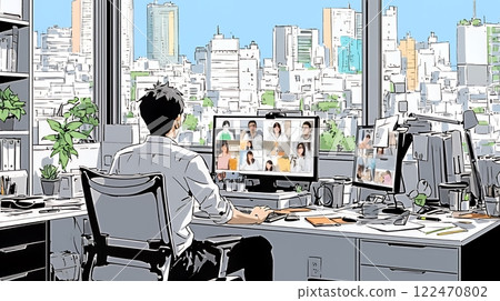 A man participating in an online meeting/class from home A man participating in an online meeting/class from home 122470802