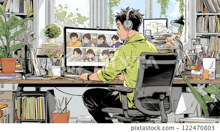 一名男子在家參加線上會議/課程 一名男子在家參加線上會議/課程 122470803