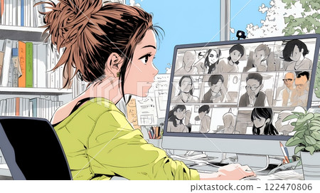 一位女性在家參加線上會議或課程 一位女性在家參加線上會議或課程 122470806