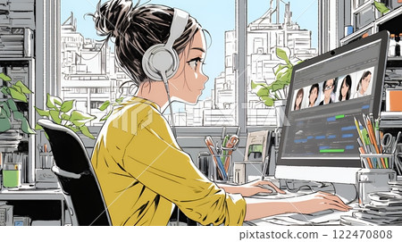 一位女性在家參加線上會議或課程 一位女性在家參加線上會議或課程 122470808