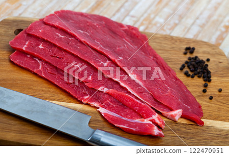 Image of raw a beef fillet cut into pieces. 122470951
