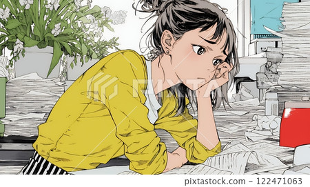 Household account book in the red: Young woman feeling depressed and worried Household account book in the red: Young woman feeling depressed and worried 122471063