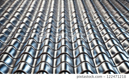 Close-up of shiny metal corrugated roof tiles 122471218