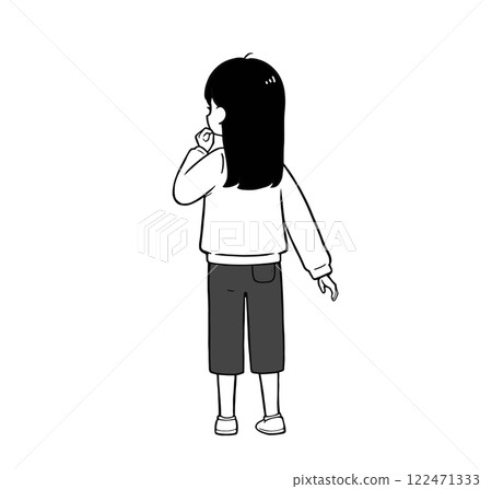 Elementary school student, girl worried about her back view, simple monochrome illustration Elementary school student, girl worried about her back view, simple monochrome illustration 122471333