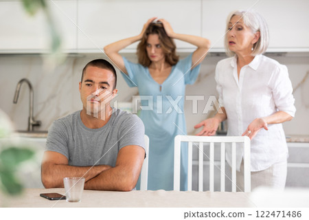 Young wife and mother quarrel son 122471486