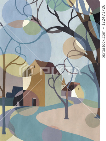 Abstract tree and town landscape illustration painted with watercolors 122471726