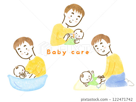 Hand-drawn illustration set of a father taking care of his baby 122471742