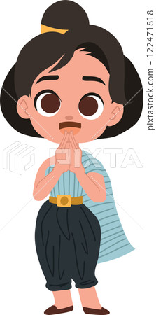happy child in elegant thai outfit celebrating songkran festival with hands together in a respectful thai greeting 122471818