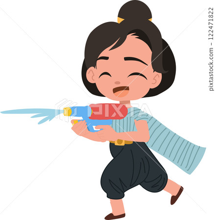 Cute thai girl in traditional outfit celebrating songkran festival with water splashing fun in thailand 122471822