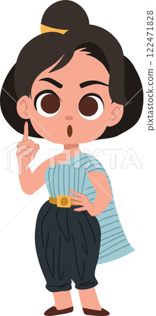thai girl in traditional attire teaching about songkran festival 122471828
