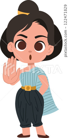 adorable thai girl wearing traditional dress making a hand stop gesture 122471829