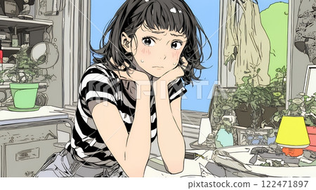 A woman blushing in embarrassment (is she conscious of the opposite sex?) 122471897