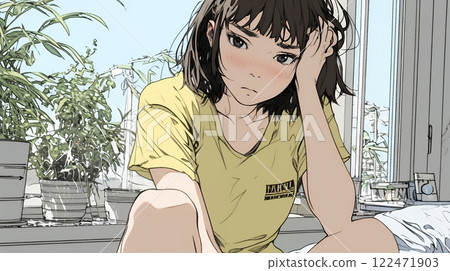 A woman blushing in embarrassment (is she conscious of the opposite sex?) 122471903