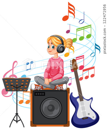 Girl Enjoying Music with Guitar 122471956