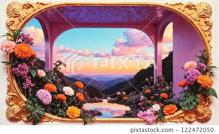 A golden Art Nouveau frame showcases a pop-surrealist dreamscape with pastel skies, rolling mountains, and a serene sunset. Vibrant orange, pink, and lilac flowers spill over, blending nature with 122472050
