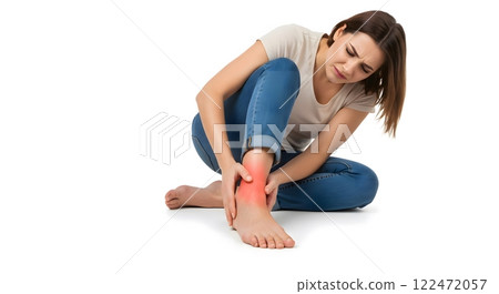 Young Caucasian Woman Holding Her Painful Ankle in Discomfort 122472057