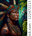Brutal Peruvian shaman in the jungle with feathers on his head and earrings in his ears 122472213