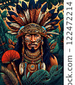 Brutal Peruvian shaman in the jungle with feathers on his head and earrings in his ears 122472214