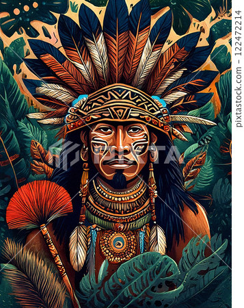 Brutal Peruvian shaman in the jungle with feathers on his head and earrings in his ears 122472214