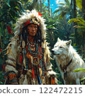 Brutal Peruvian shaman in the jungle with feathers on his head and earrings in his ears, With a white wolf next to him 122472215