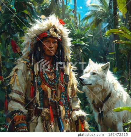 Brutal Peruvian shaman in the jungle with feathers on his head and earrings in his ears, With a white wolf next to him Brutal Peruvian shaman in the jungle with feathers on his head and earrings in his ears, With a white wolf next to him 122472215